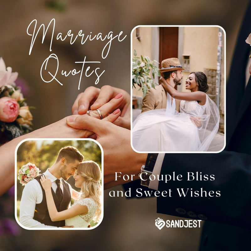 Three romantic snapshots of couples on their wedding day with text overlay Marriage Quotes