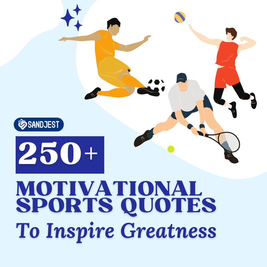 Dynamic illustration of various athletes in action with a text overlay about motivational sports quotes.