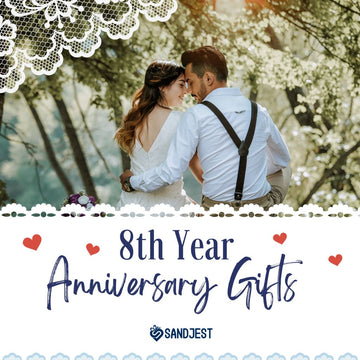 Happy couple celebrating their 8 year anniversary with a special gift, capturing joy and love on their special day.