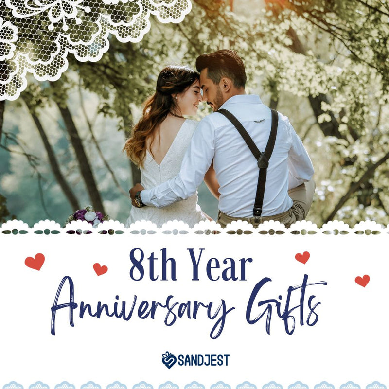 Happy couple celebrating their 8 year anniversary with a special gift, capturing joy and love on their special day.