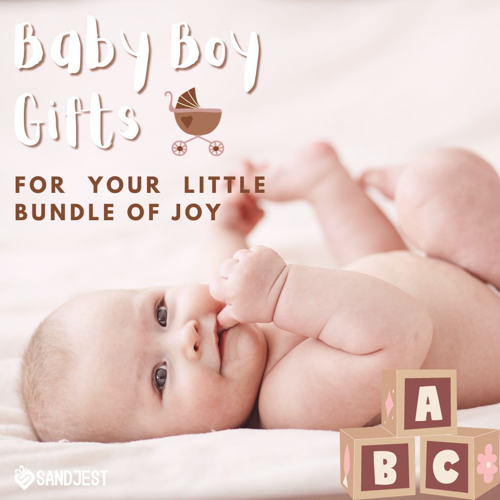 Adorable baby boy giggling with joy, surrounded by a variety of colorful and playful baby boy gifts.
