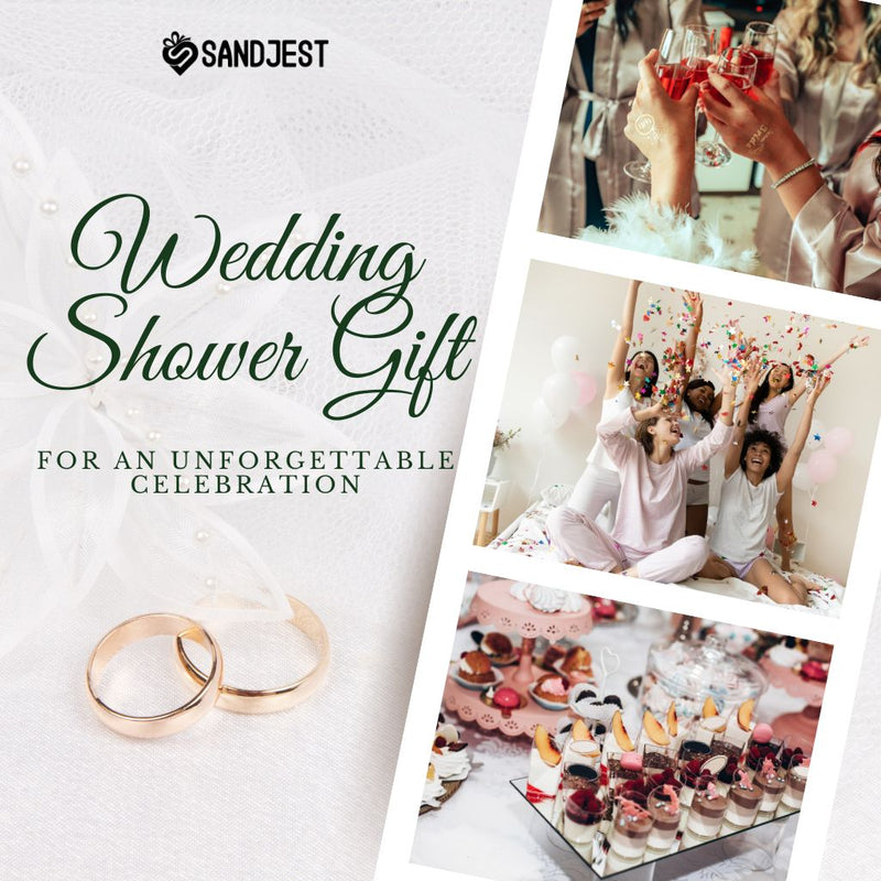 Guests enjoying a festive wedding shower party, surrounded by thoughtful and unique wedding shower gifts