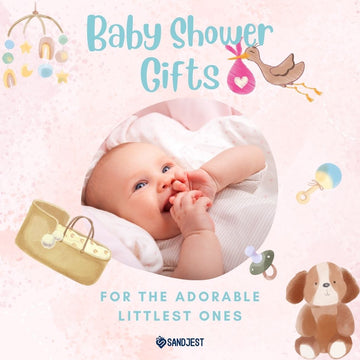 Adorable baby smiling, surrounded by a selection of soft toys and baby gear, epitomizing the joy of baby shower gifts.