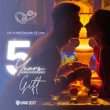 A loving couple enjoying a romantic dinner, celebrating with a 5 year anniversary gift, symbolizing their half-decade of love and commitment