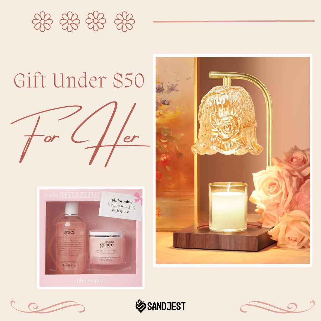 Elegant gift ideas for her under $50 featuring Philosophy skincare products, a rose gold table lamp, a lit candle, and fresh roses, all presented in a warm, peach-colored setting with the Sandjest logo
