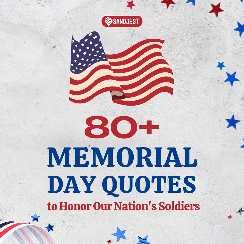 An American flag waves on a star-spangled graphic promoting a collection of over 80 Memorial Day quotes to honor soldiers
