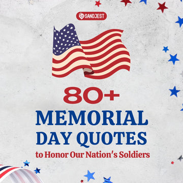 An American flag waves on a star-spangled graphic promoting a collection of over 80 Memorial Day quotes to honor soldiers