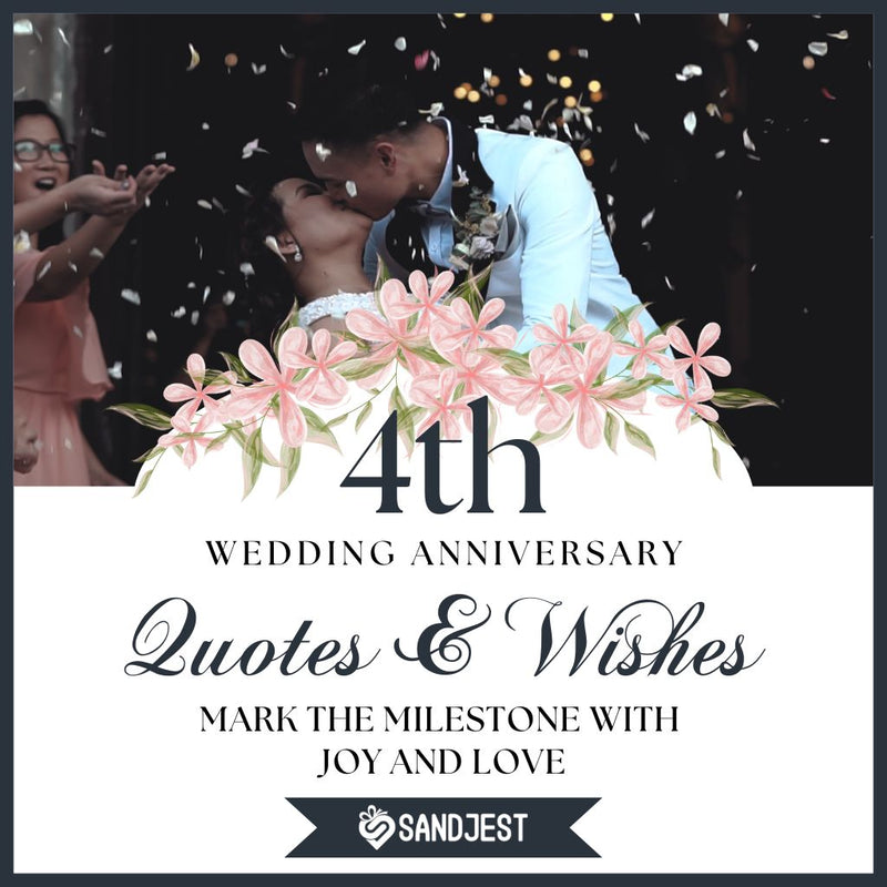 Couple celebrating their 4th anniversary with a romantic kiss amidst floral decorations.