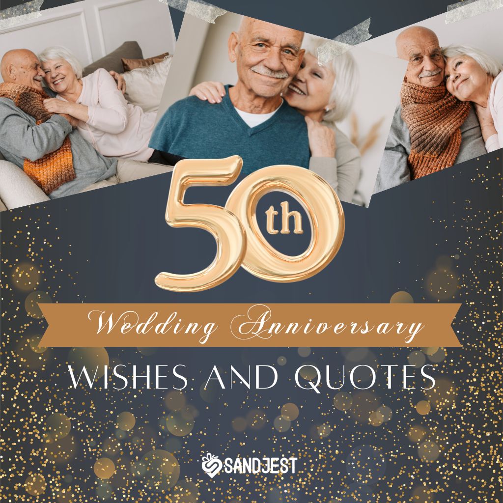 Celebratory 50th Wedding Anniversary graphic featuring a joyful elderly couple, branded with Sandjest logo.