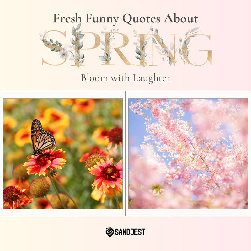 Colorful spring flowers with a butterfly and a teaser for funny spring quotes by Sandjest