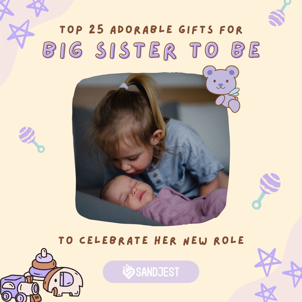 Big toddler sister lovingly kissing her new baby sibling, embodying the joy and affection celebrated with big sister to be gifts.