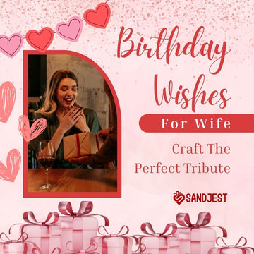 Excited wife opening a birthday present with hearts decoration for Sandjest promotion.