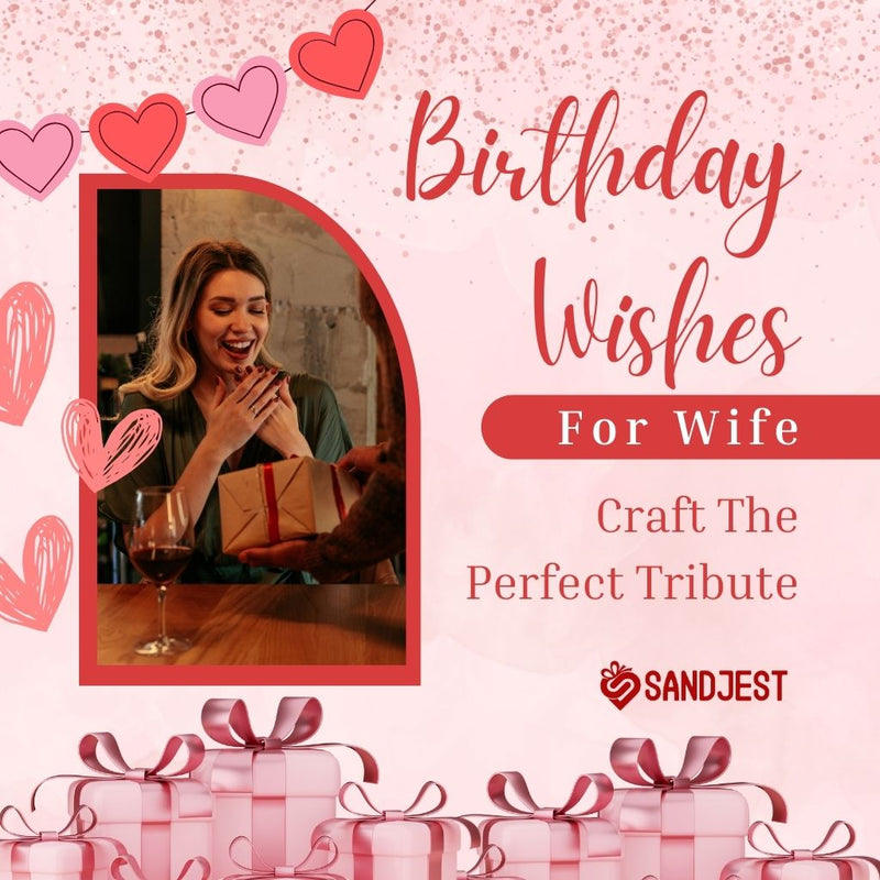 Excited wife opening a birthday present with hearts decoration for Sandjest promotion.