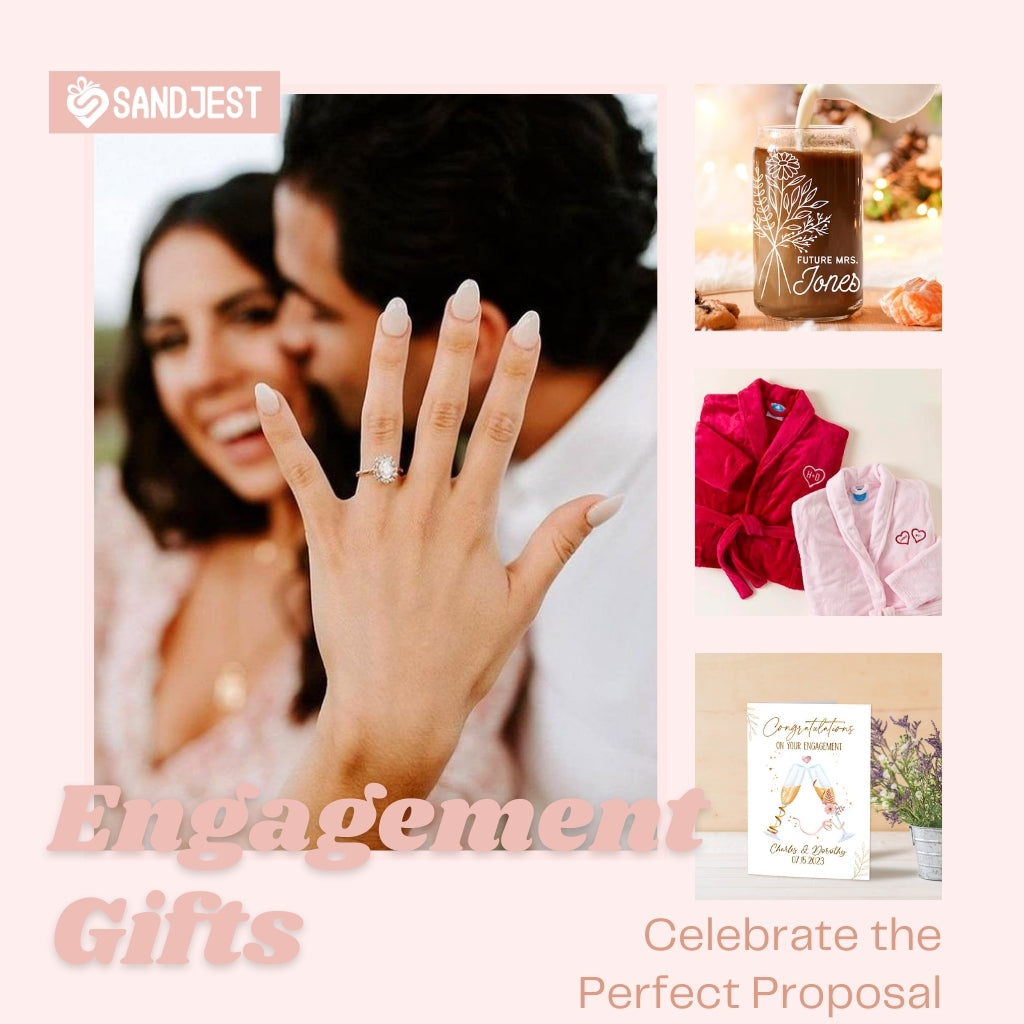 Engagement gifts collection by Sandjest featuring a personalized mug, cozy robes, and a greeting card.