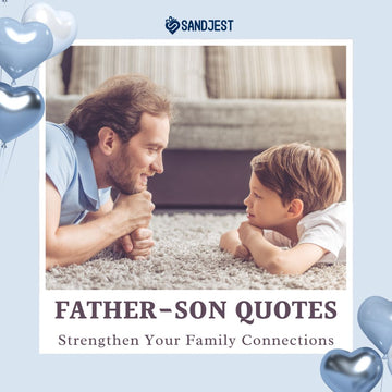 Smiling father and son lying on the floor face to face, with heart balloons, for an article about father-son quotes by Sandjest.
