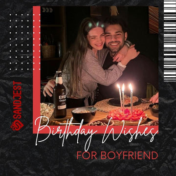 Happy couple celebrating the man's birthday with a candlelit cake and beer for Sandjest.