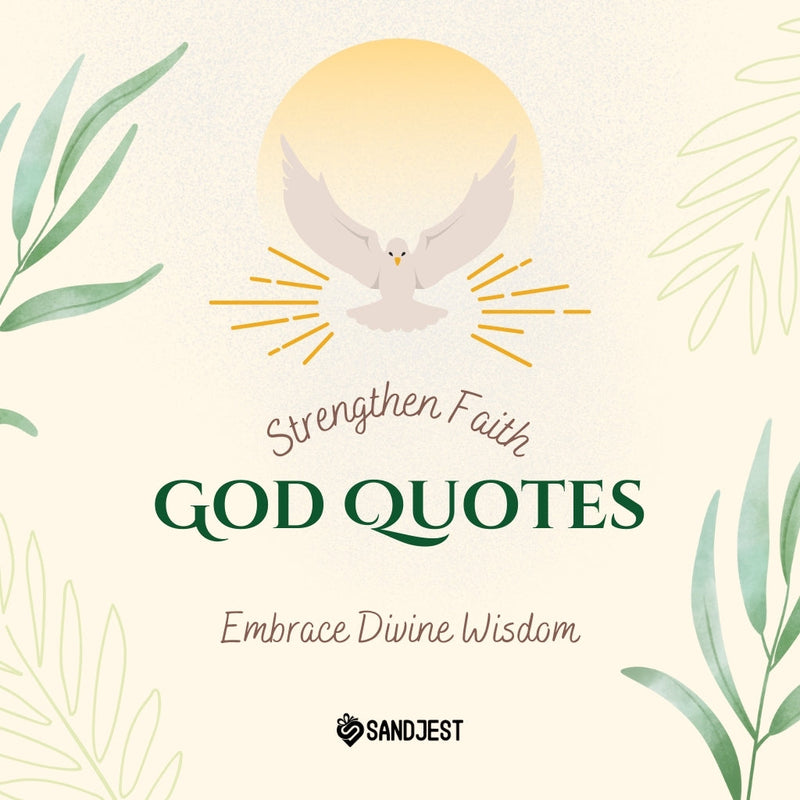 Inspirational God quotes collage with dove symbol and green foliage against a warm yellow backdrop for spiritual enlightenment