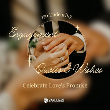 Sandjest presents 150 endearing engagement quotes and wishes on a background of a couple holding hands with a ring.