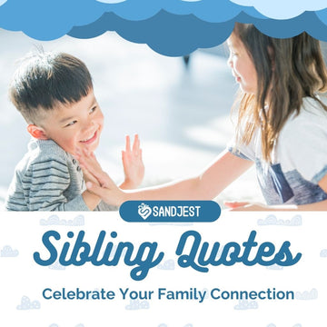 Two smiling young siblings playing hand clapping game with a blue cloudy graphic and 'Sibling Quotes - Celebrate Your Family Connection' text for Sandjest blog post.
