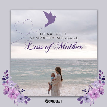 Sympathy card with mother and child on beach, dove and heart graphics, and Sandjest logo