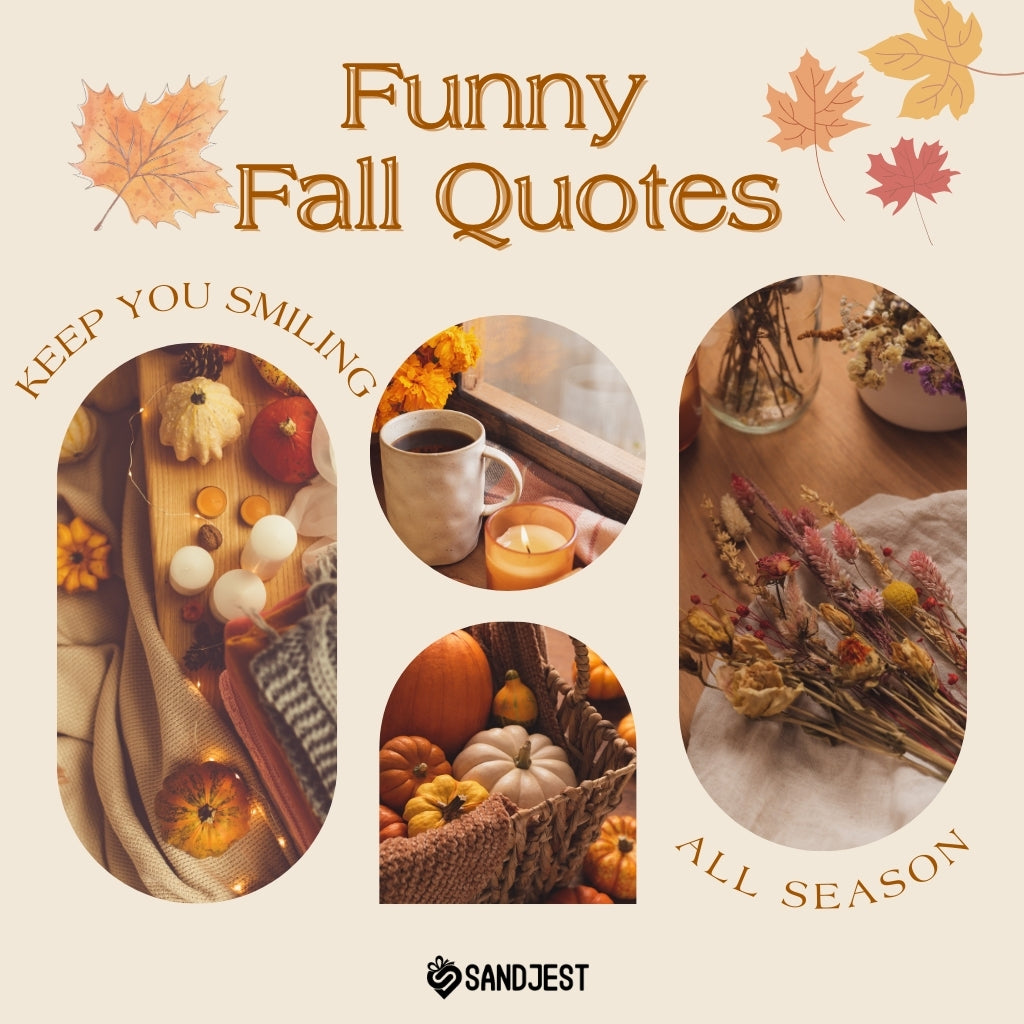 Autumn-themed Sandjest image showcasing fall decorations, a cozy blanket, and pumpkins with the text 'Funny Fall Quotes - KEEP YOU SMILING all season'.