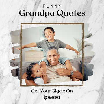 A joyful grandfather laughing with his two young grandchildren, with a caption 'Funny Grandpa Quotes' to highlight the fun side of grandparenting