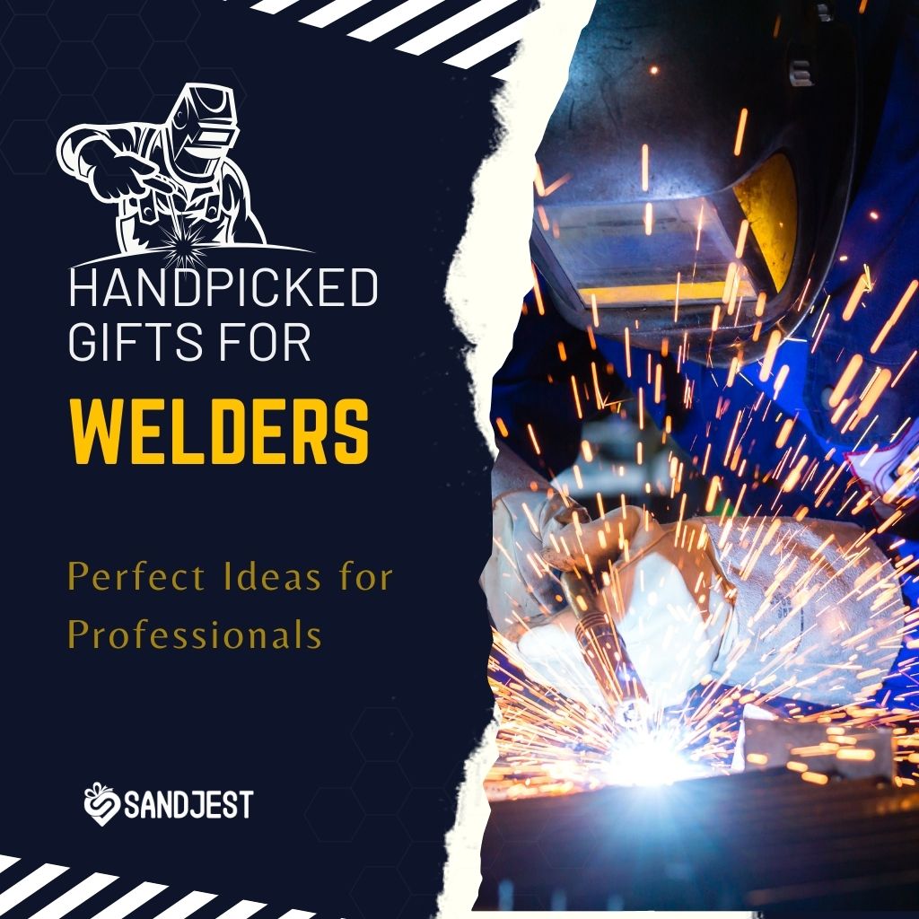 Welding sparks flying with 'Handpicked Gifts for Welders' text, ideal for professional welders.