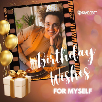 Smiling woman enjoying her birthday celebration with a cake and balloons, presented by Sandjest.