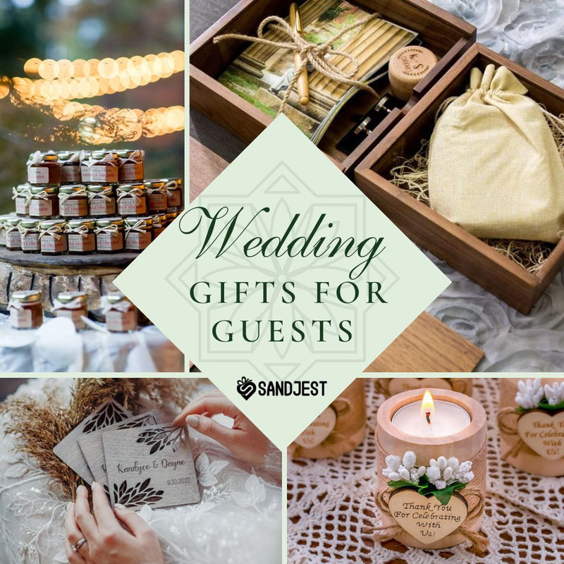 Assorted collection of wedding gifts for guests.