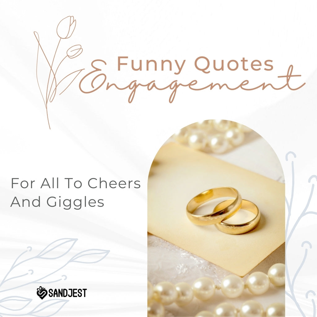 Photo of a pair of gold wedding bands on an envelope, next to a string of pearls, with the text 'Funny Quotes Engagement' indicating a humorous approach to the concept of engagement