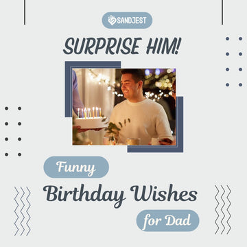Happy son presenting birthday cake with lit candles to smiling father in a festively decorated room with fairy lights, illustrating an article on funny birthday wishes for dad.