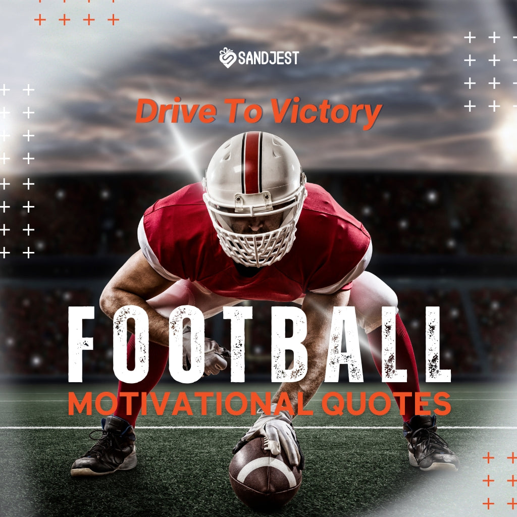 Focused football player in a red jersey poised for action on the field, with football motivational quotes.