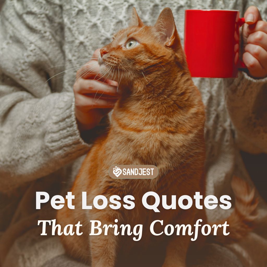 Person holding a ginger cat and a red mug, with text about pet loss quotes.