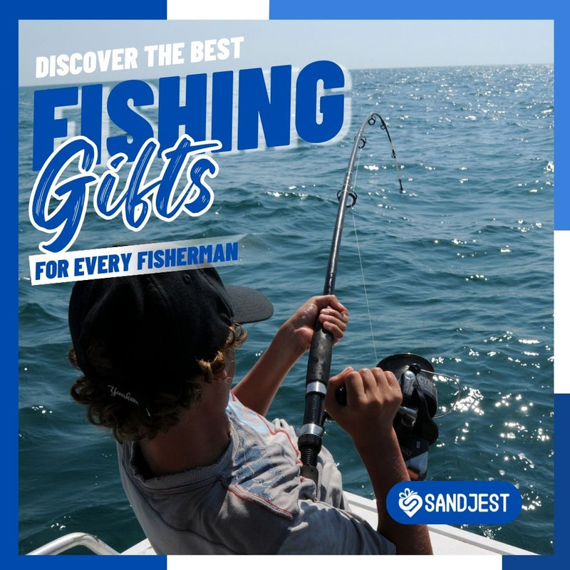 A selection of top fishing gifts displayed on a wooden dock by the lake