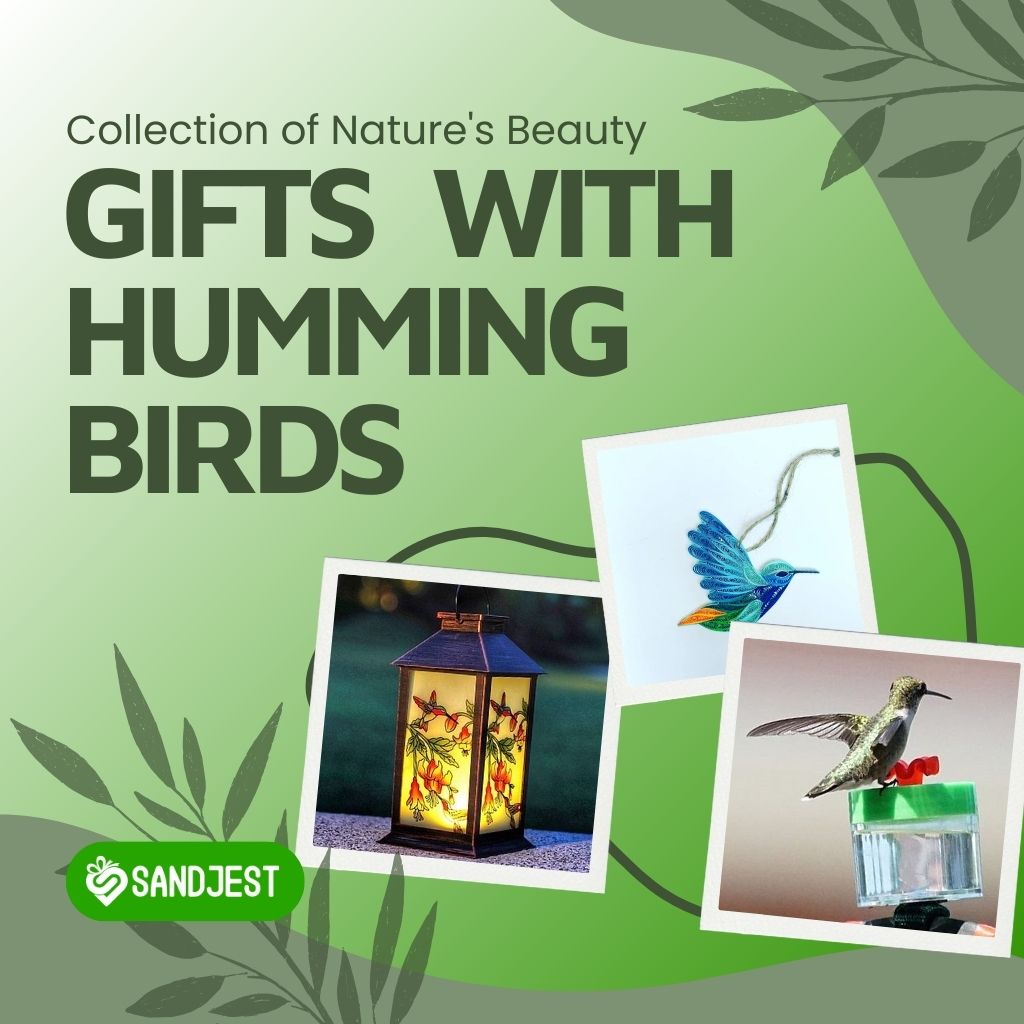 A collection of hummingbird-themed gifts, including a feeder, a print, and a necklace.