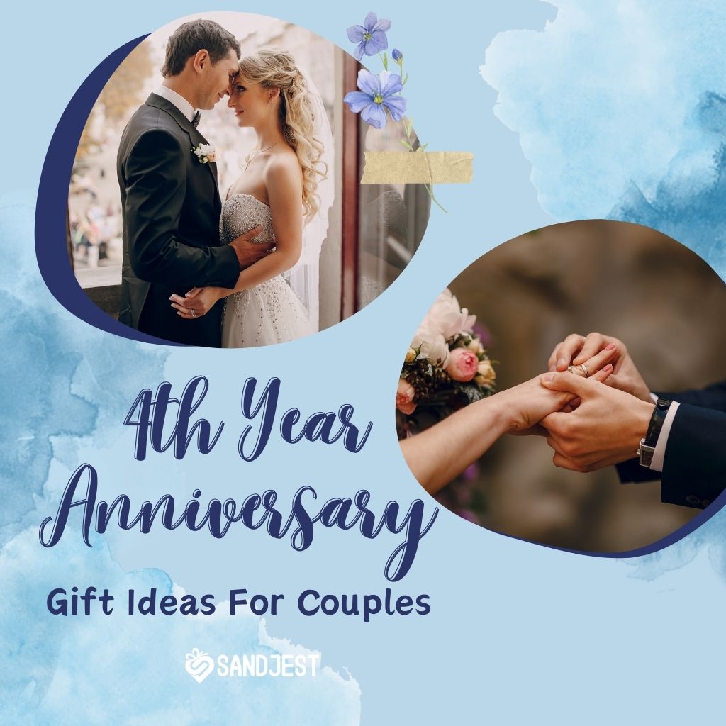 Elegant anniversary graphic featuring a couple on their wedding day for a '4th Year Anniversary Gift Ideas For Couples' article by Sandjest