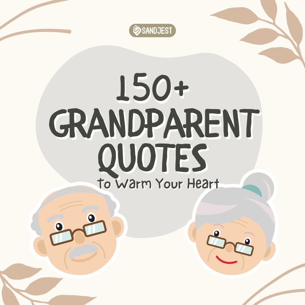 Illustrated grandparents on a book cover promoting a collection of over 150 heartwarming quotes.