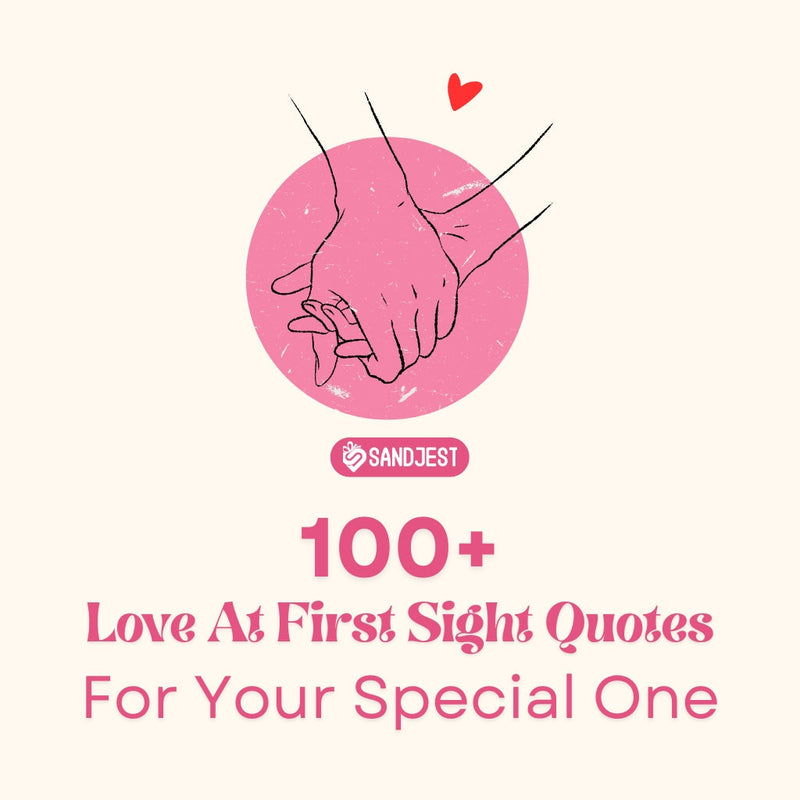 Illustrated hands intertwined with a pink backdrop for an article on love at first sight quotes and poems.