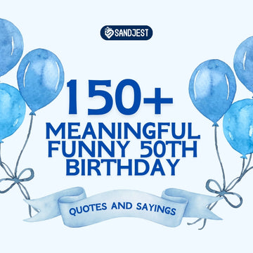 Blue watercolor balloons set the scene for a funny 50th birthday quotes celebration on a themed graphic.