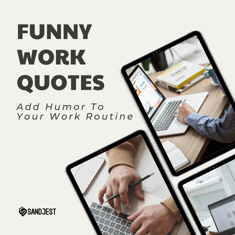Graphic with laptops and a text overlay about adding humor to work life, by Sandjest.