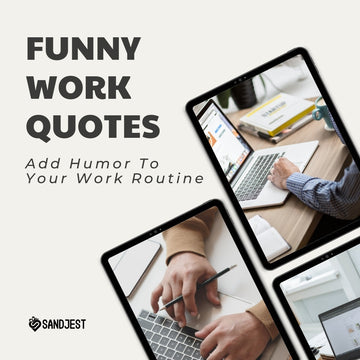 Graphic with laptops and a text overlay about adding humor to work life, by Sandjest.