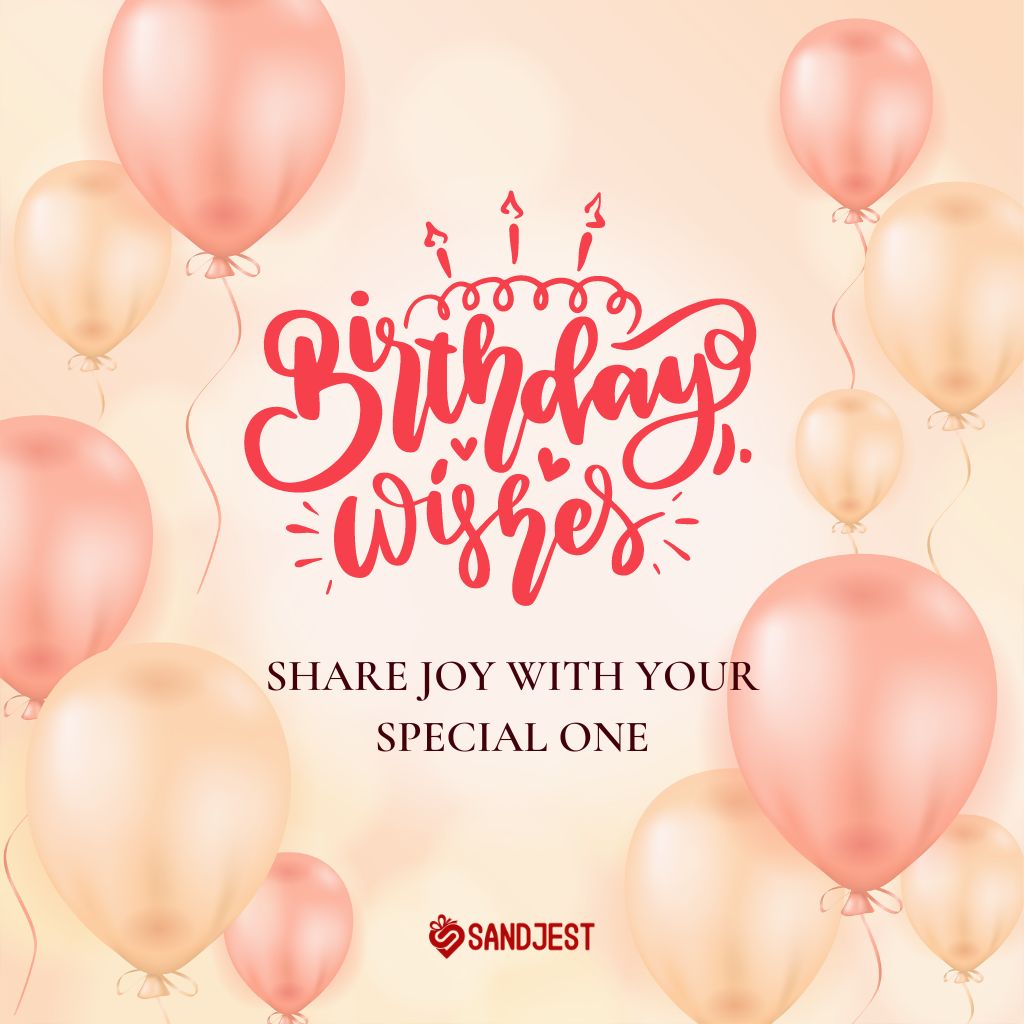 Elegant birthday card design with pink balloons and 'Birthday Wishes - Share Joy with Your Special One' text from Sandjest