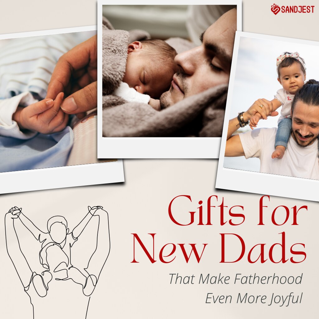 Collage of 37+ unique gifts for new dads, including practical baby gear, high-tech gadgets, and personalized items to make fatherhood more joyful.