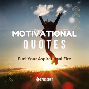 "Inspiring 'MOTIVATIONAL QUOTES' against a sky backdrop with a person jumping, brought to you by Sandjest."