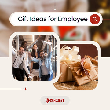 Gift ideas for employees featuring celebrating colleagues and wrapped presents.