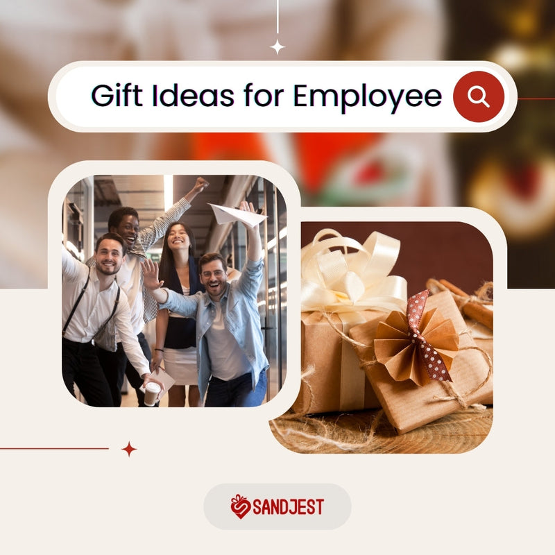 Gift ideas for employees featuring celebrating colleagues and wrapped presents.