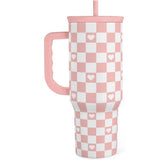 Pink and white checkered tumbler with heart patterns on a white background