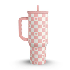 Pink and white checkered tumbler with heart patterns on a white background