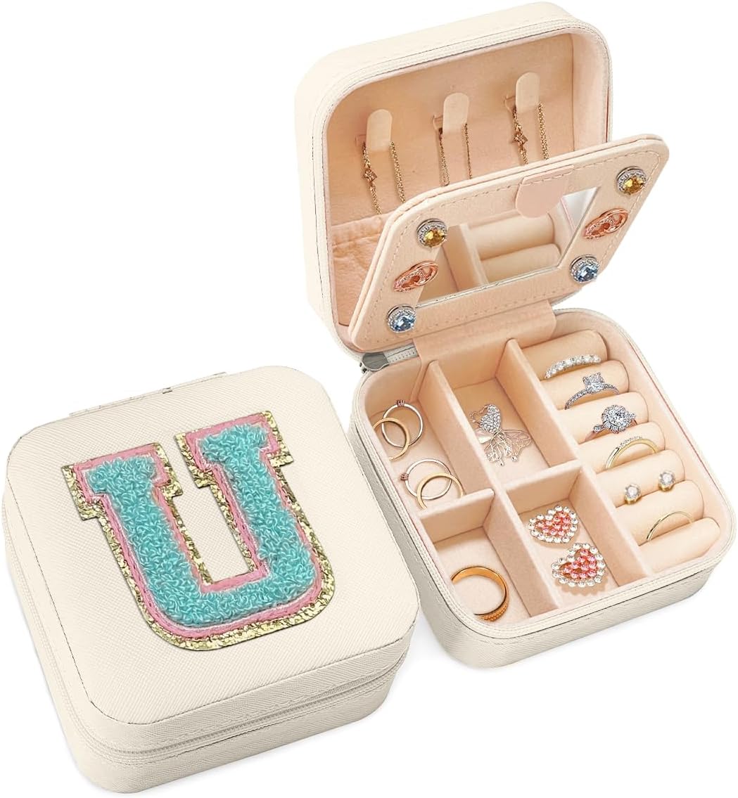 Personalized Jewelry Box, White Travel Jewelry Box, Small Monogrammed Jewelry Case Organizer for Girls Women Teen Kids, Mini Travel Essentials Gifts for Birthday Christmas