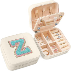 White Monogram Square Leather Travel Jewelry Case 4-Layer Sewing